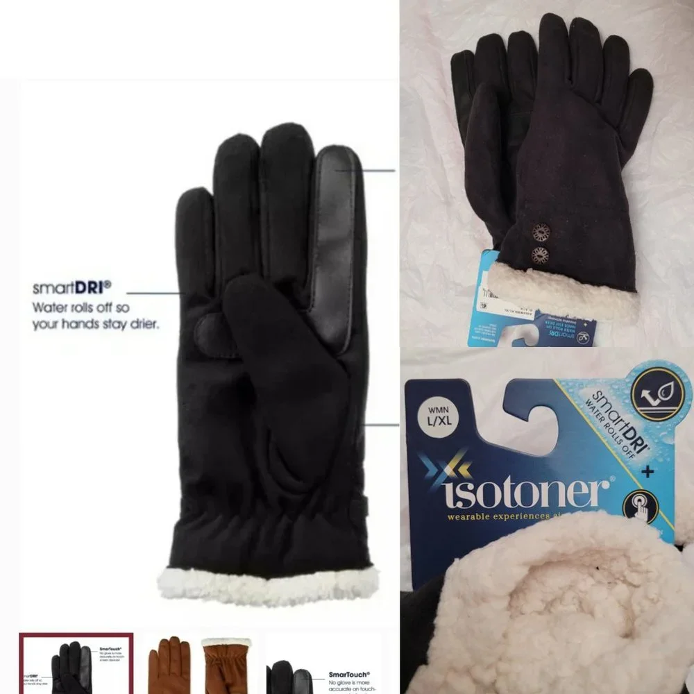 Isotoner Signature smartDRI Microsuede Touchscreen Gloves plush Black L XL New